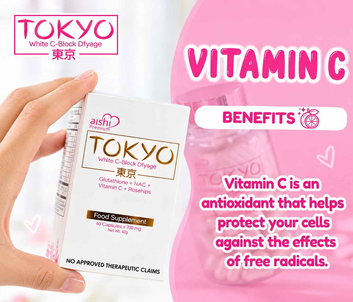 Aishi Premium Tokyo Glutathione 60 Capsules with glutathione and NAC for a convenient daily wellness routine