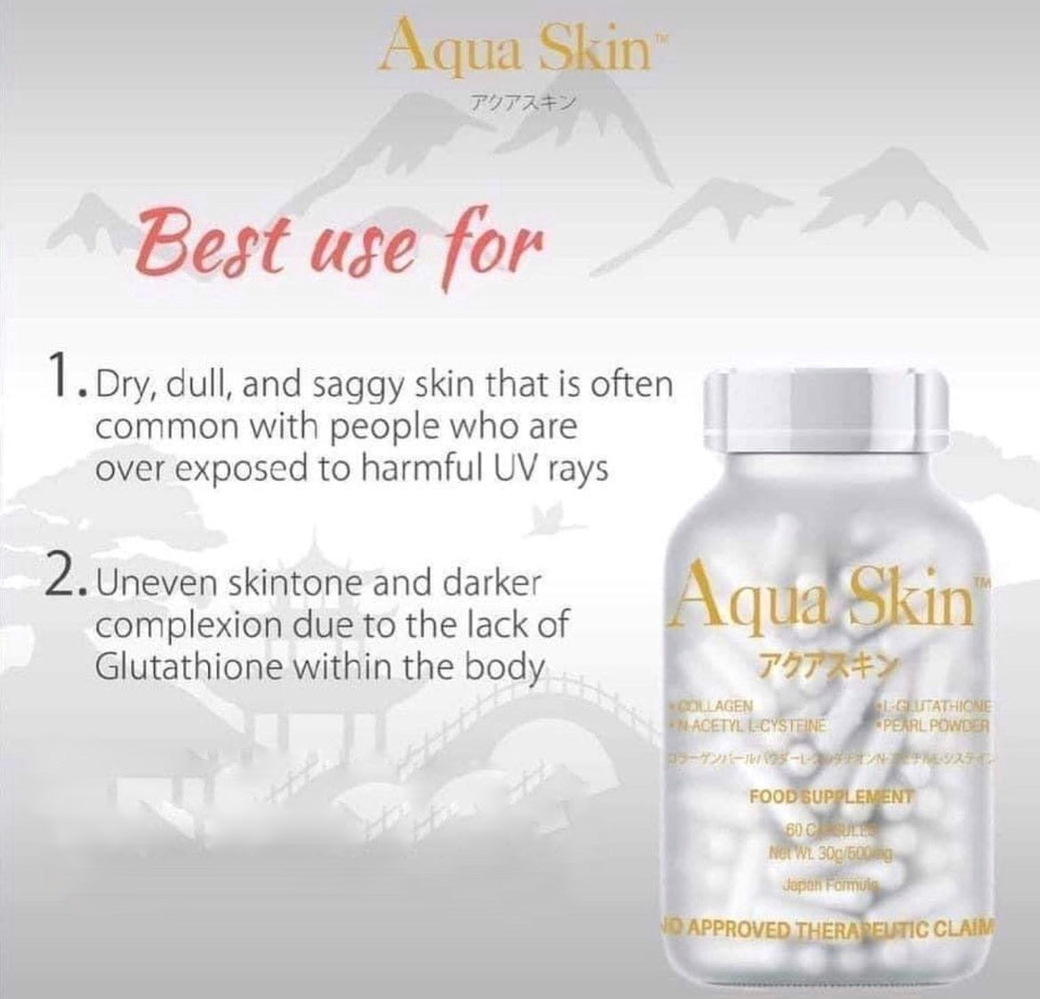 Aqua Skin Glutathione Made in Japan, 60 Capsules Aqua Skin Glutathione Made in Japan, 60 Capsules
