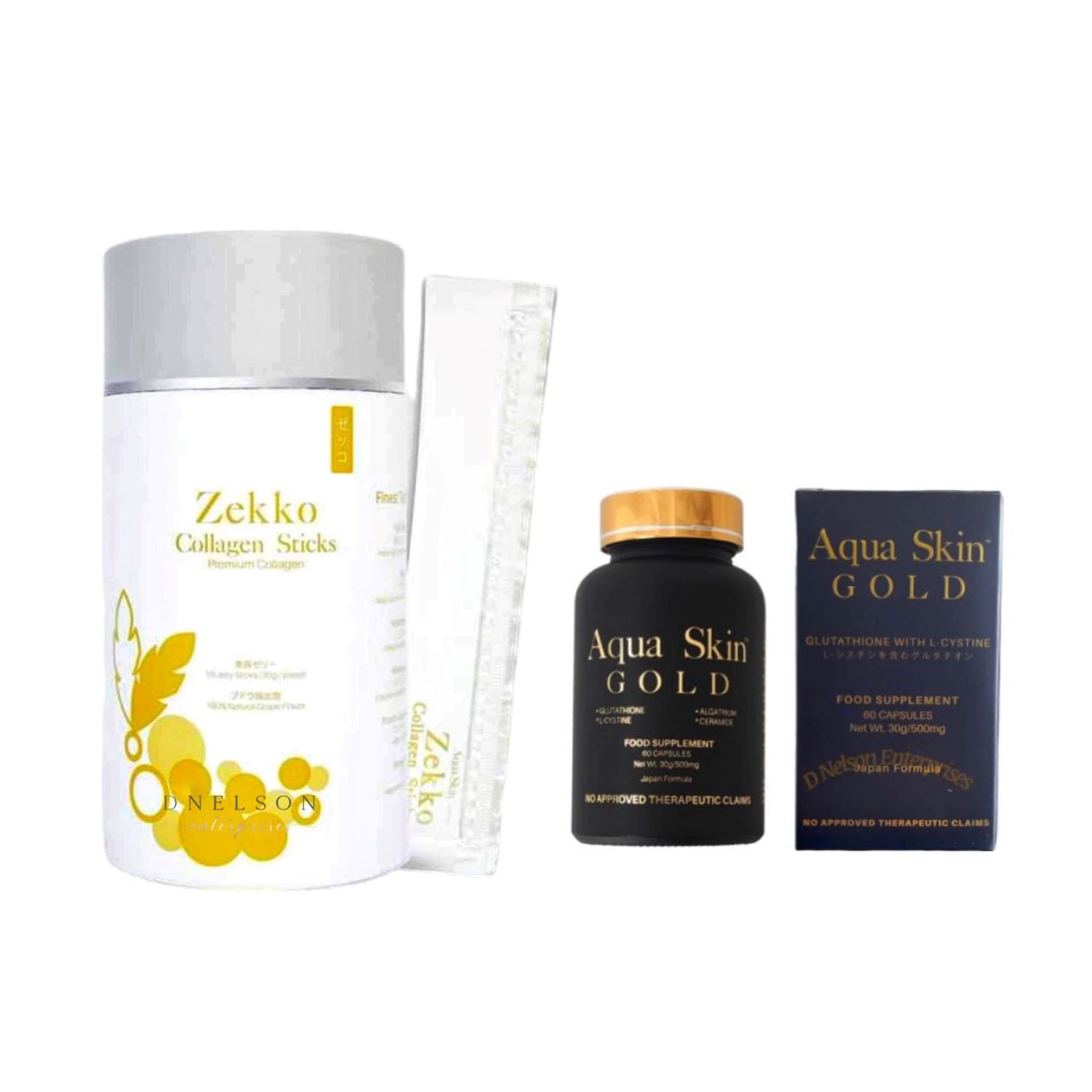 Aqua Skin Glutathione Gold Capsules & Zekko Premium Collagen Jelly Sticks Bundle