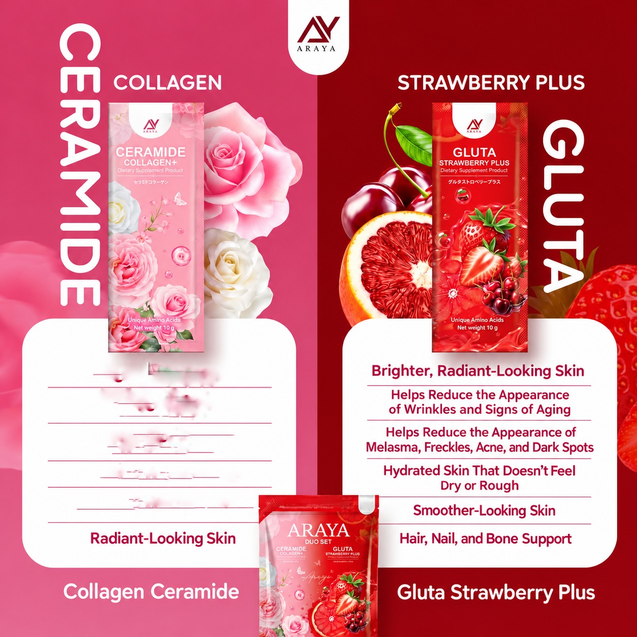 Araya Duo Set Ceramide Collagen Plus and Gluta Strawberry Plus powdered drink duo for everyday beauty care