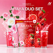 Araya Duo Set Ceramide Collagen Plus and Gluta Strawberry Plus featuring 30 convenient 10g sachets