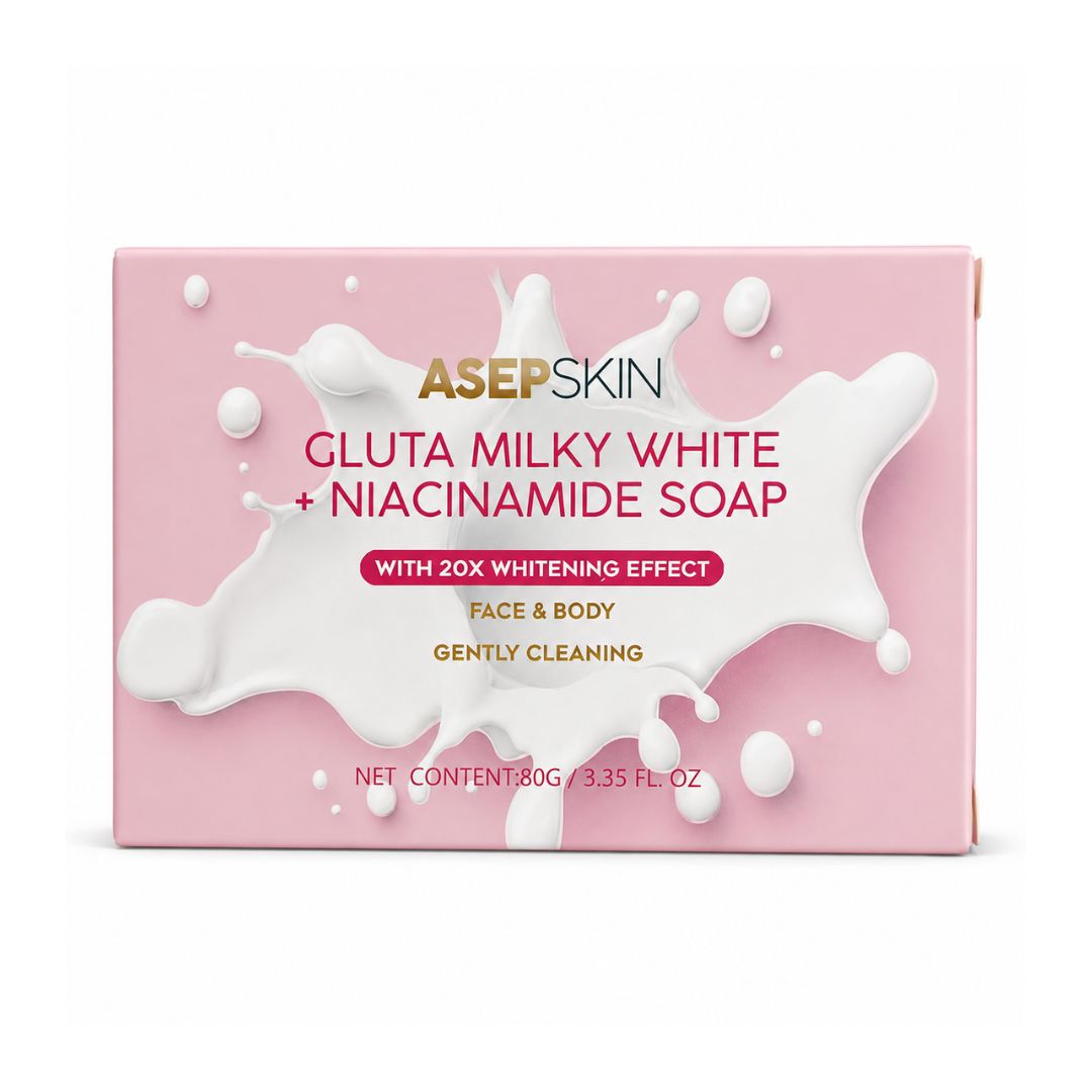 ASEP SKIN Gluta Milky + Niacinamide Face & Body Soap, 80g formulated with Hyaluronic Acid to complement its moisture-focused ingredients.