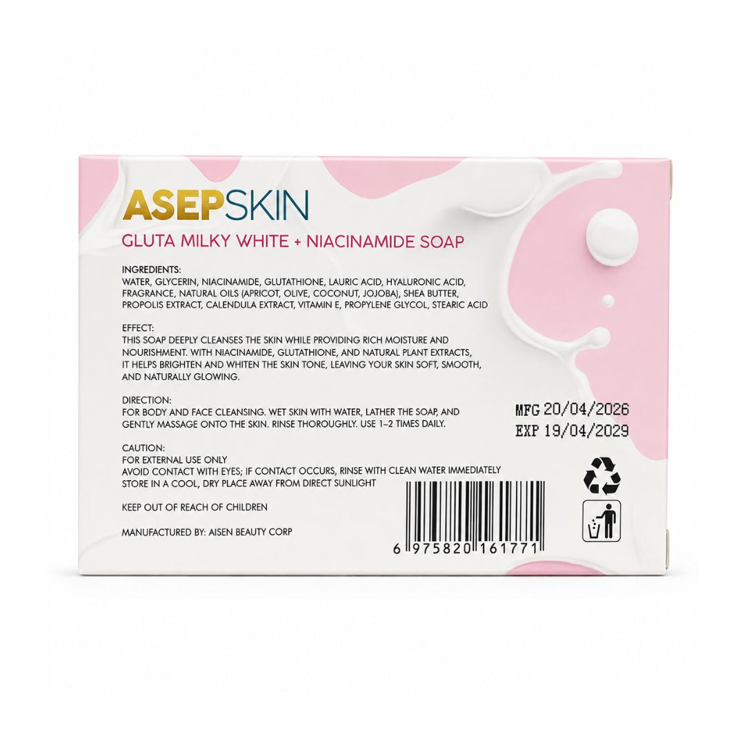 ASEP SKIN Gluta Milky + Niacinamide Face & Body Soap, 80g with complete ingredients, directions, care instructions, and product information.