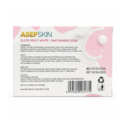 ASEP SKIN Gluta Milky + Niacinamide Face & Body Soap, 80g with complete ingredients, directions, care instructions, and product information.
