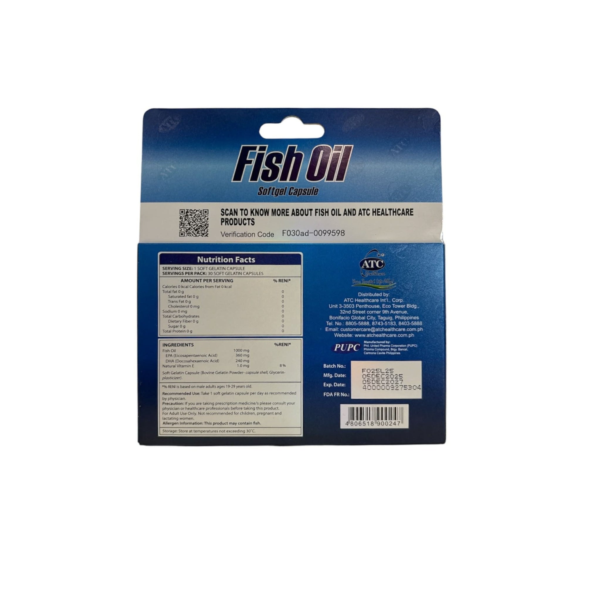 ATC Healthcare Fish Oil 1000mg 30s Premium Omega-3 EPA and DHA Softgel Capsules for Daily Wellness