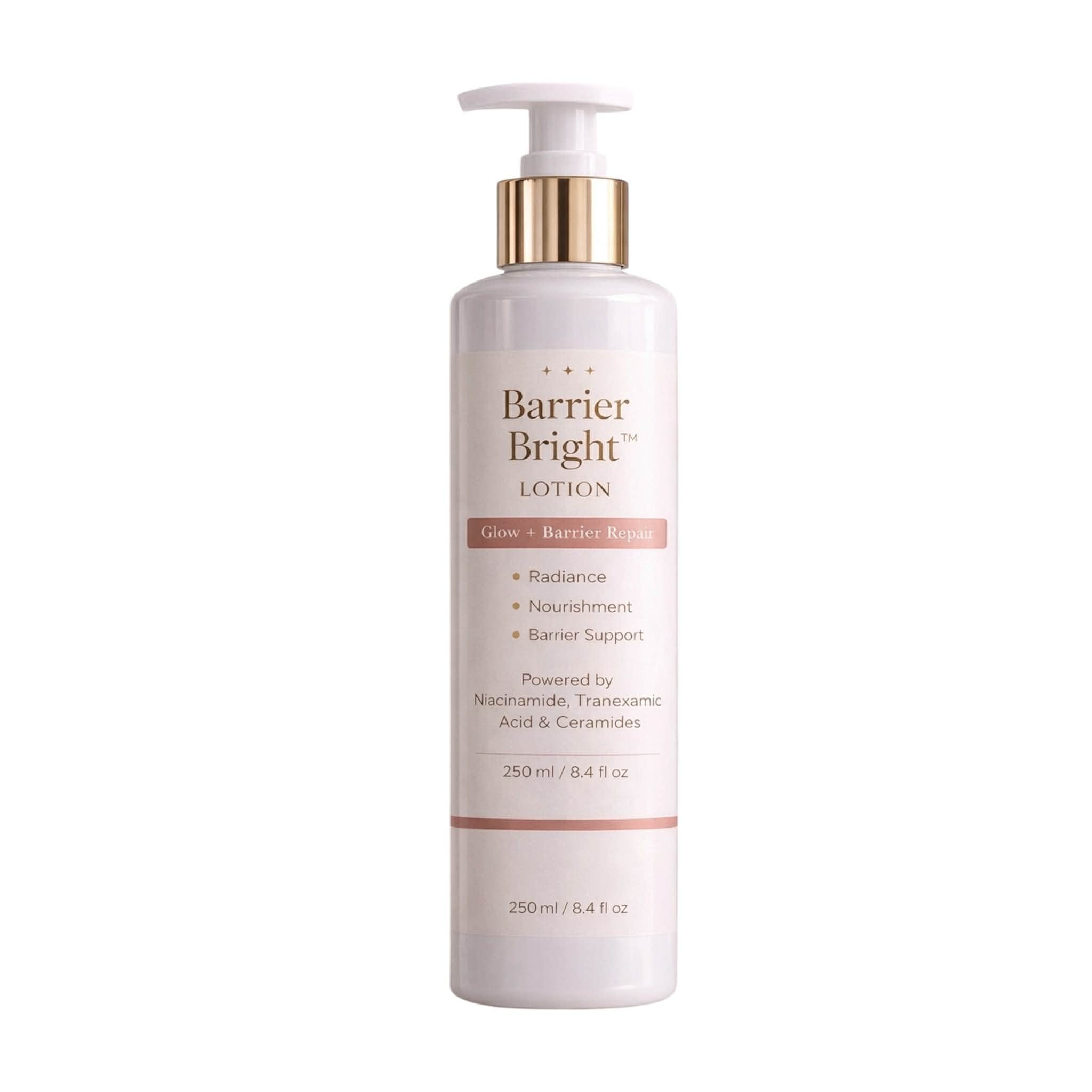 Barrier Bright Glow + Barrier Repair Lotion moisturizing skincare formula with niacinamide tranexamic acid ceramides and squalane 250 ml
