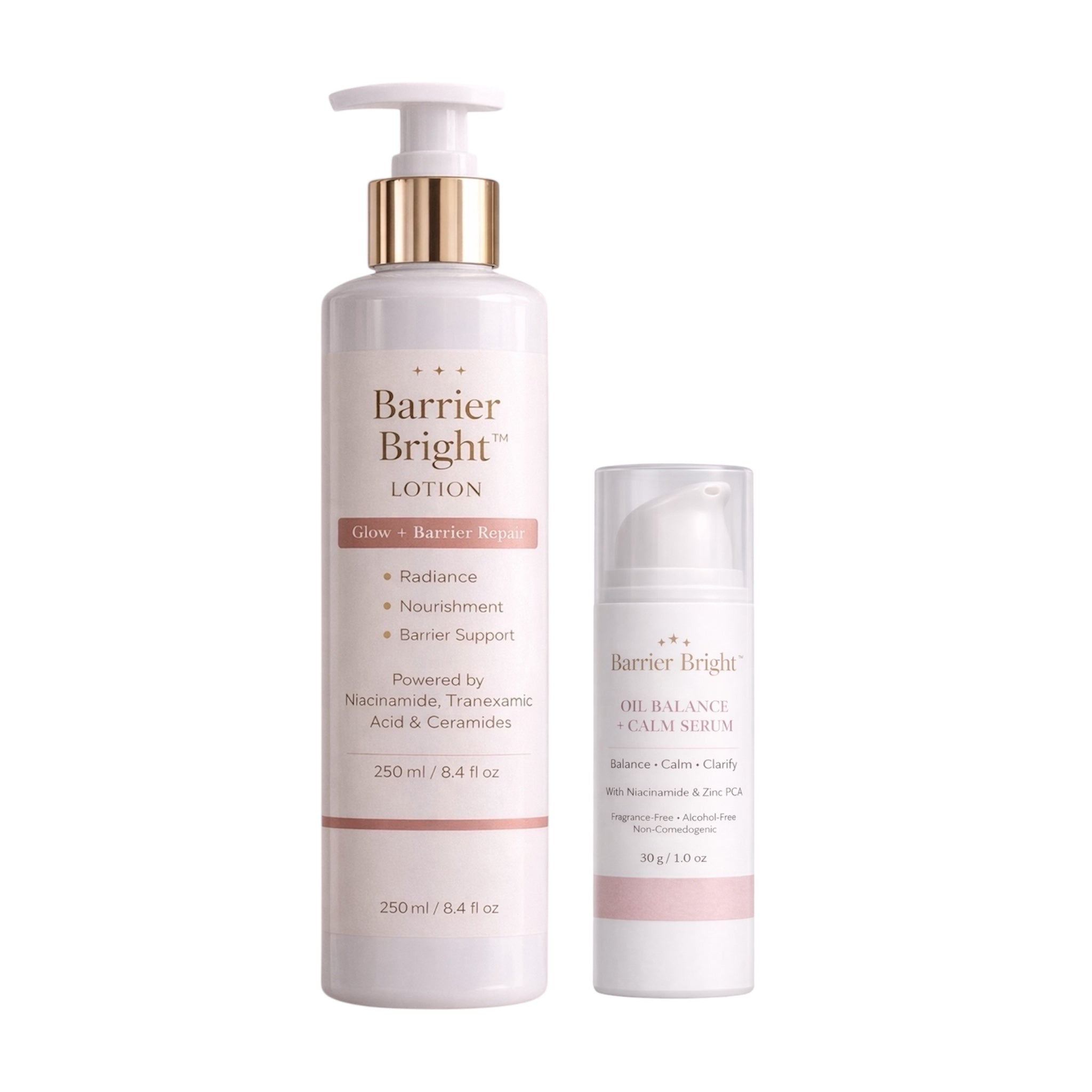 Barrier Bright Glow Barrier Repair Lotion and Oil Balance Calm Serum duo for hydration and skin barrier support