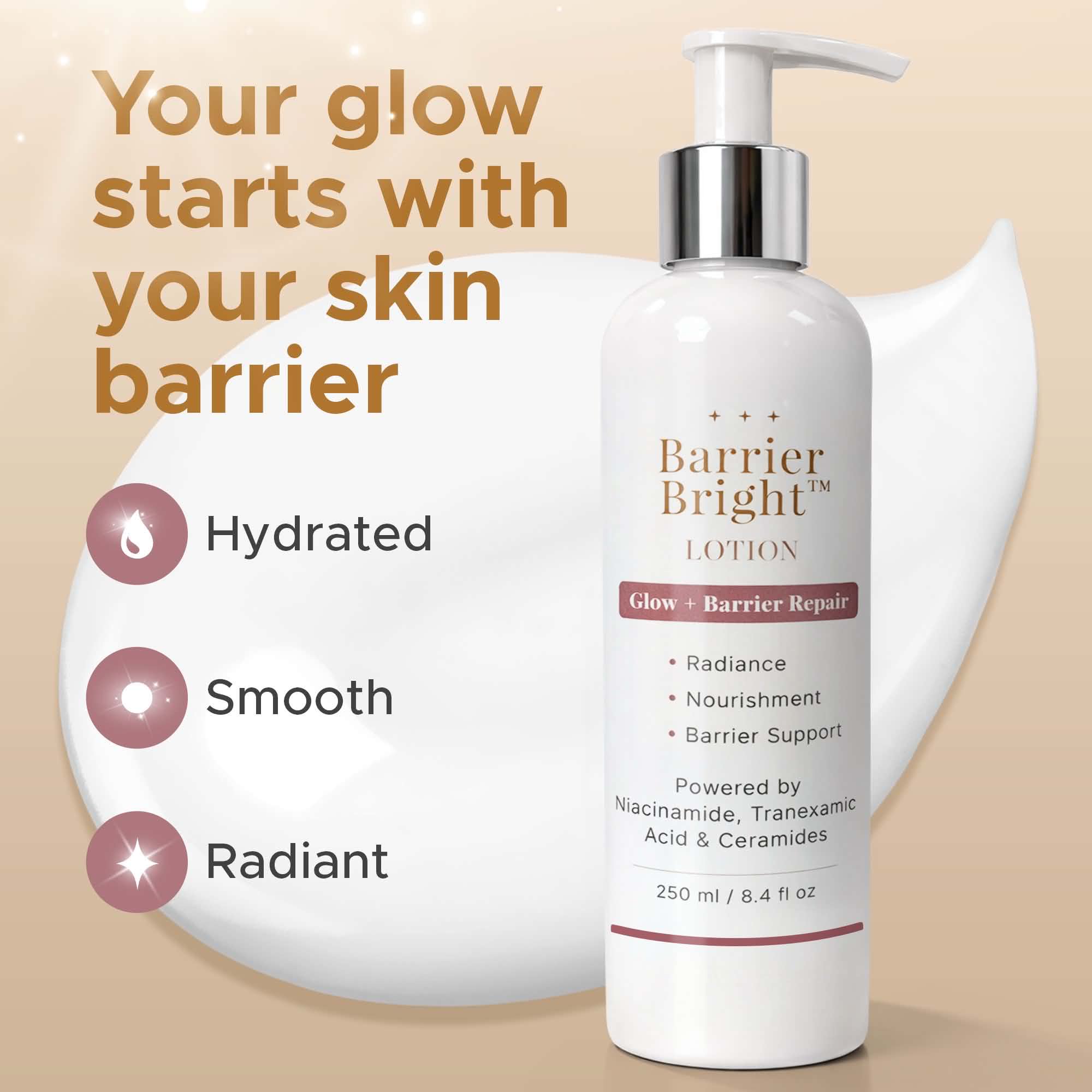 Barrier Bright Lotion with niacinamide and tranexamic acid designed for balanced hydrated skin feel