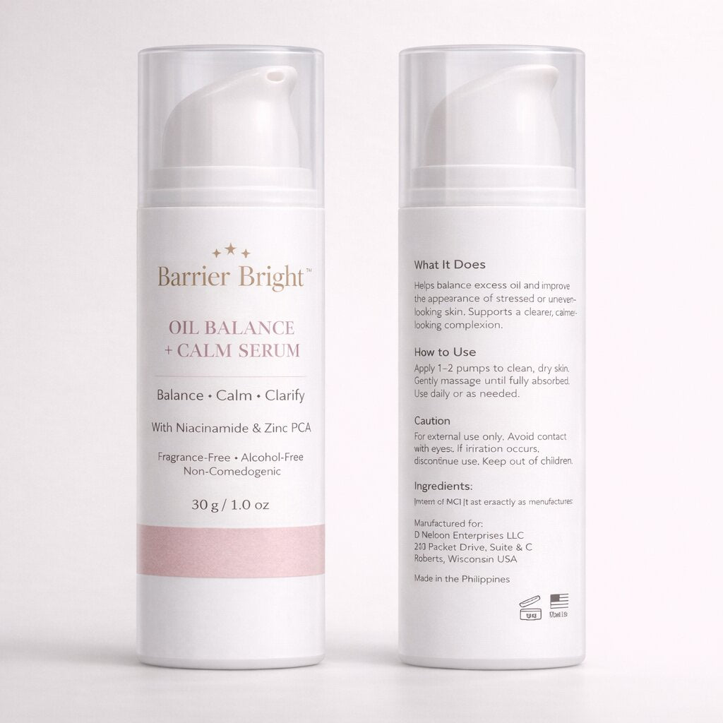Barrier Bright Oil Balance Calm Serum Niacinamide Zinc PCA designed for oily and sensitive skin types