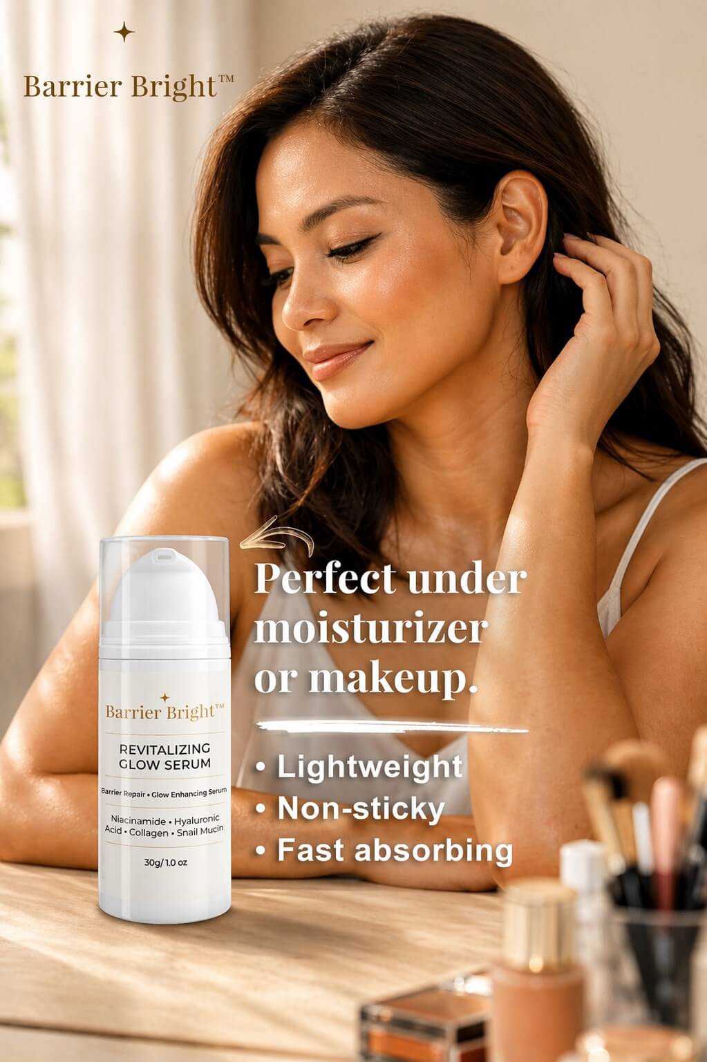 Barrier Bright Revitalizing Glow Serum 30g hyaluronic acid blend for lasting hydration boost
