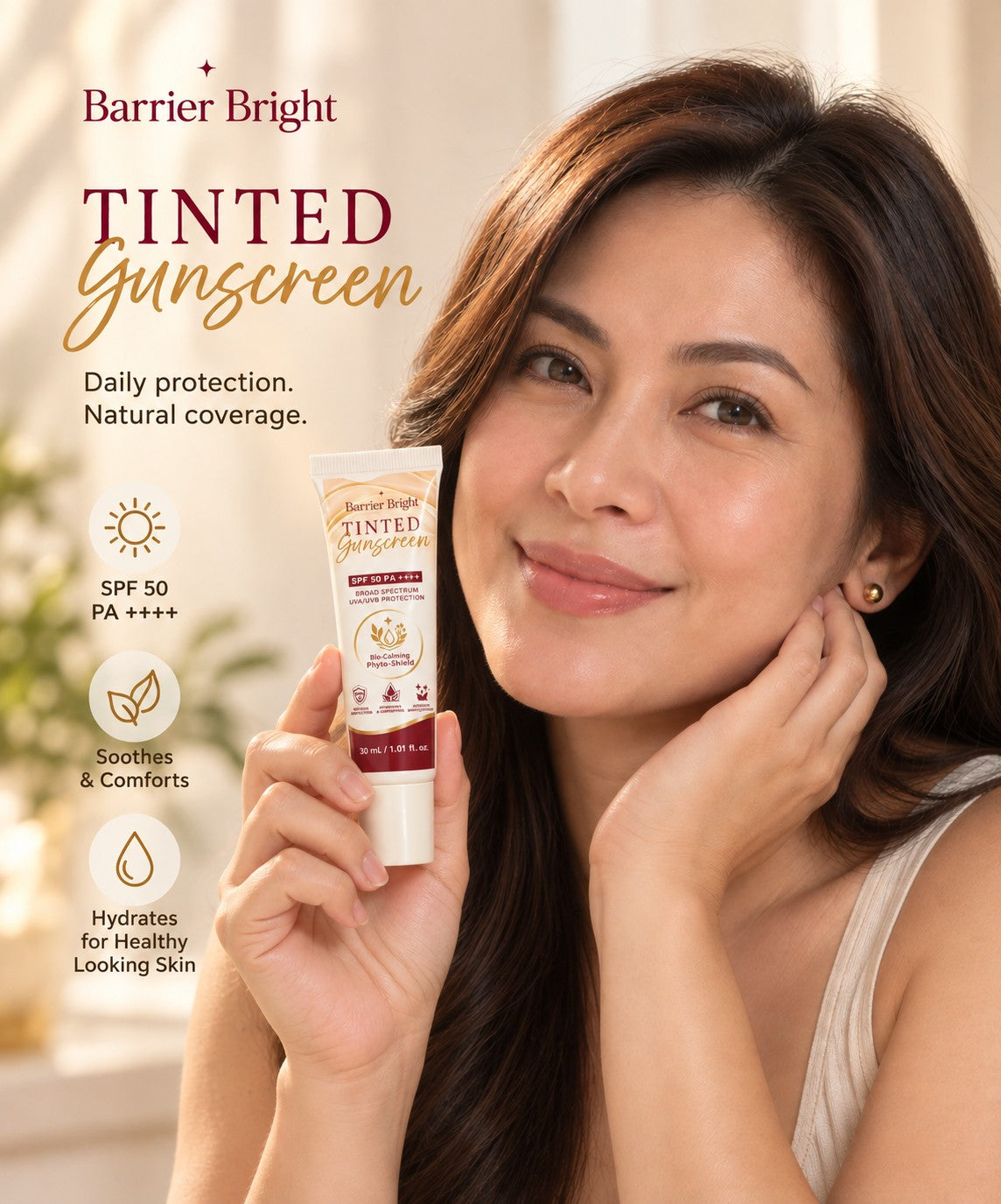 Barrier Bright Tinted Gunscreen SPF 50 PA++++ 30ml with broad spectrum UVA and UVB protection for daily sun care.