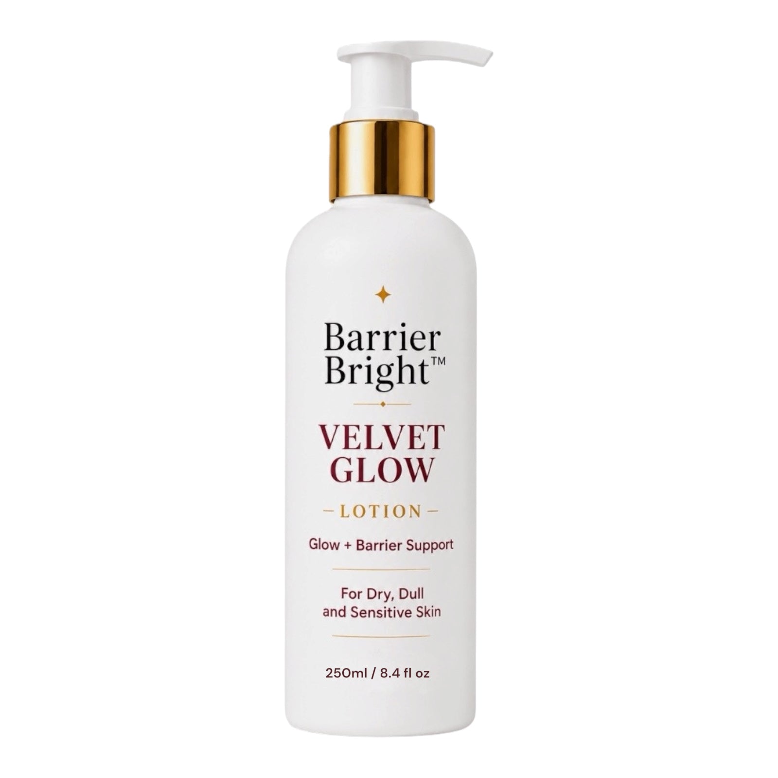 Barrier Bright Velvet Glow Lotion in a 250ml white pump bottle with a gold collar and white cap, on a solid white background.