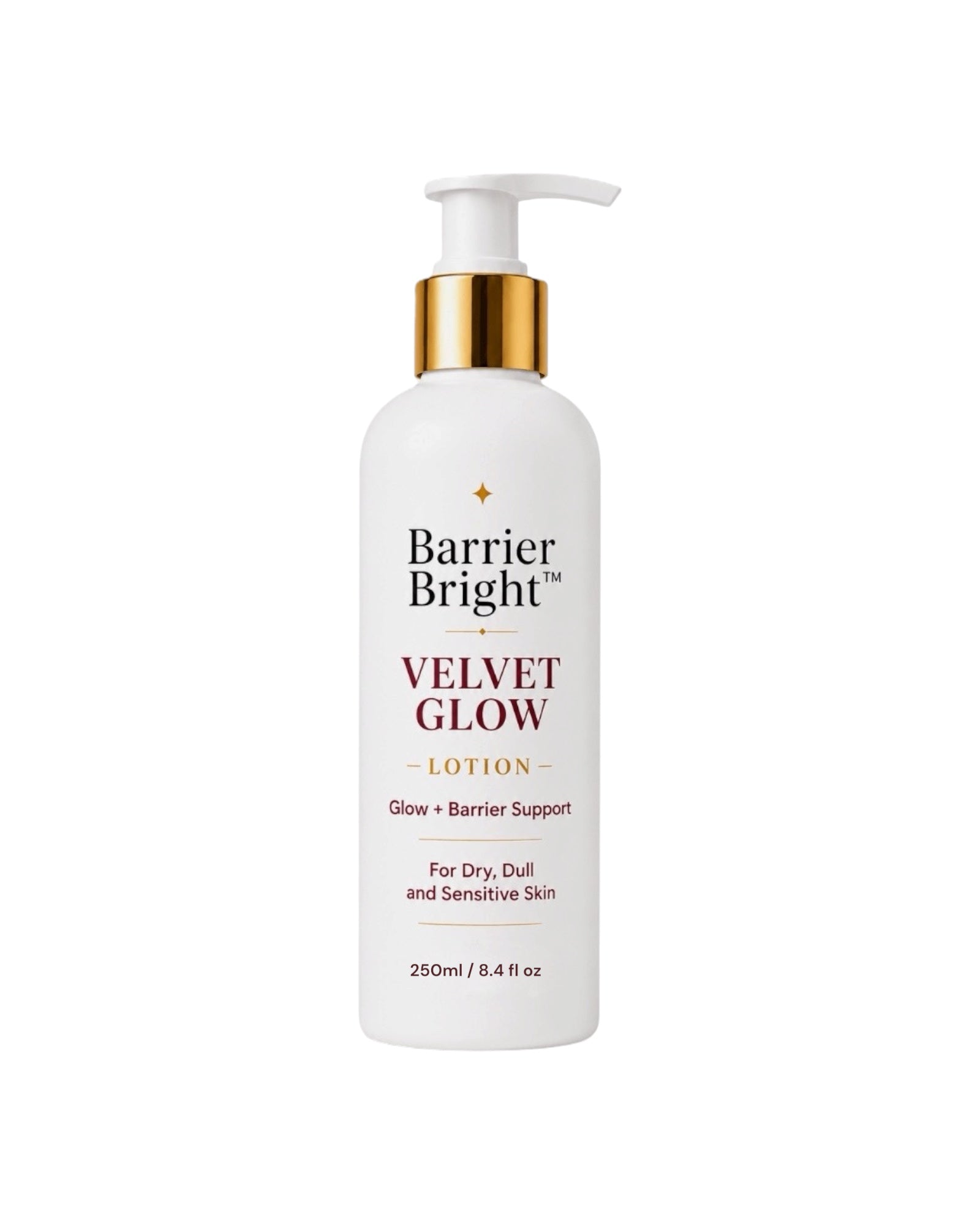 Barrier Bright Velvet Glow Lotion in a 250ml white pump bottle with a gold collar and white cap, on a solid white background.