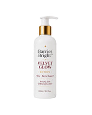 Barrier Bright Velvet Glow Lotion in a 250ml white pump bottle with a gold collar and white cap, on a solid white background.