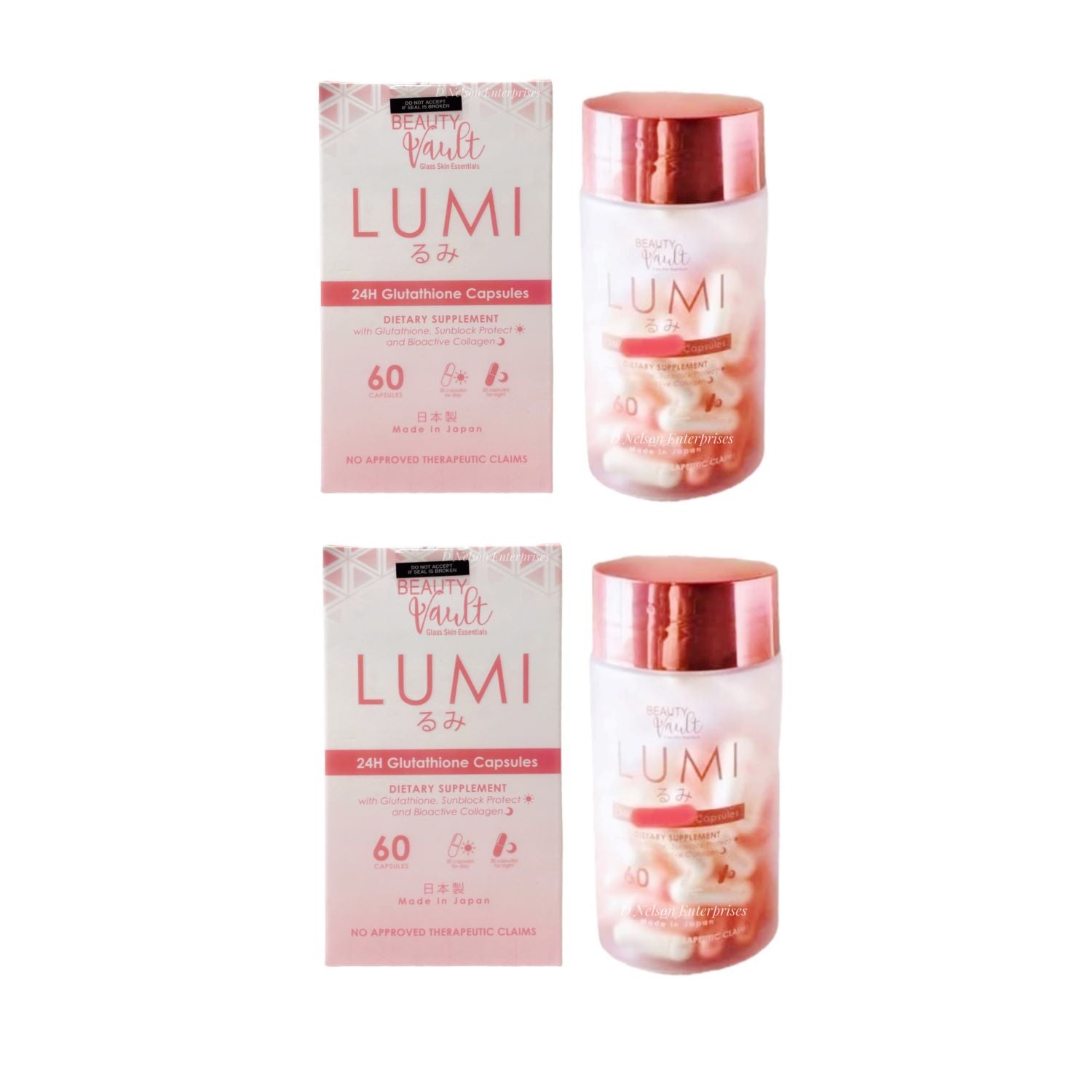 2 Bottles Beauty Vault LUMI 24H Glutathione Capsules – D Nelson