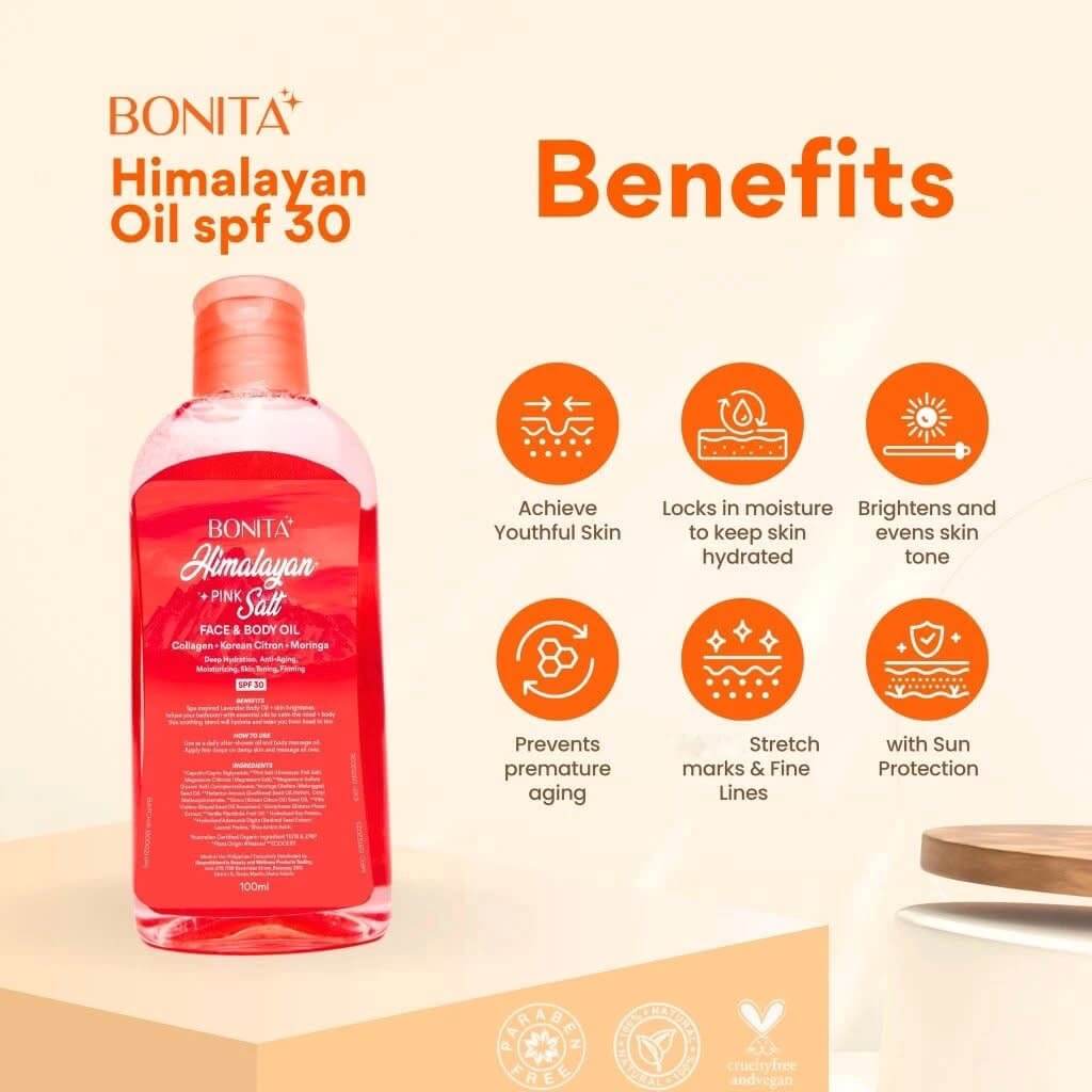 Bonita Himalayan Pink Salt Bundle oil with collagen, Korean citron and moringa for softer, nourished skin.