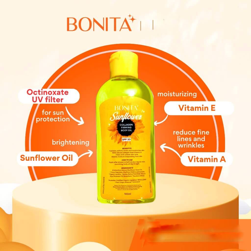 BONITA Sunflower Collagen Firming Body Oil SPF 30 – 100ml Front View, Hydrating Body Moisture Oil with Vitamin A & Squalane