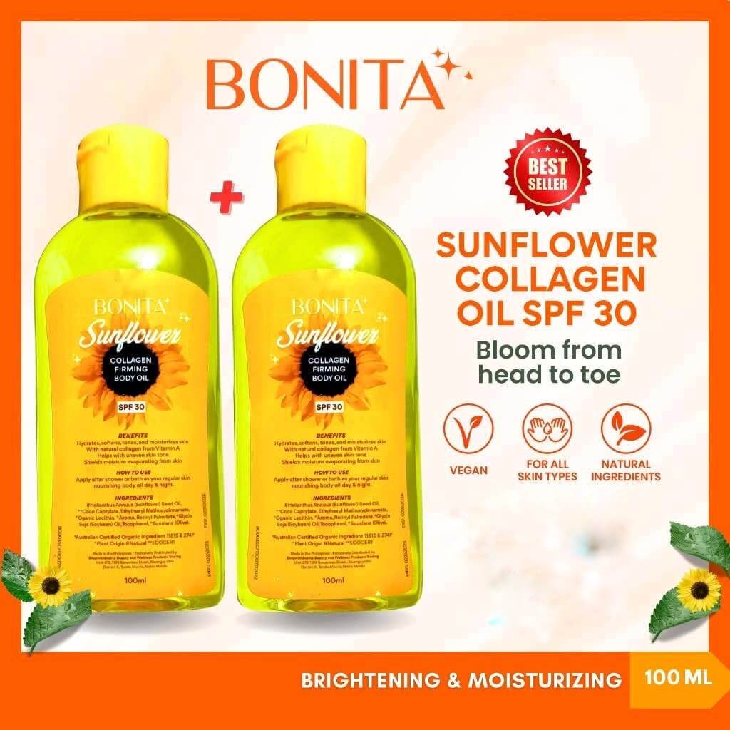 BONITA Sunflower Collagen Firming Body Oil SPF 30 – 100ml, Smooths and Softens Skin with Vitamin A & Squalane, Daily Hydrating Body Oil