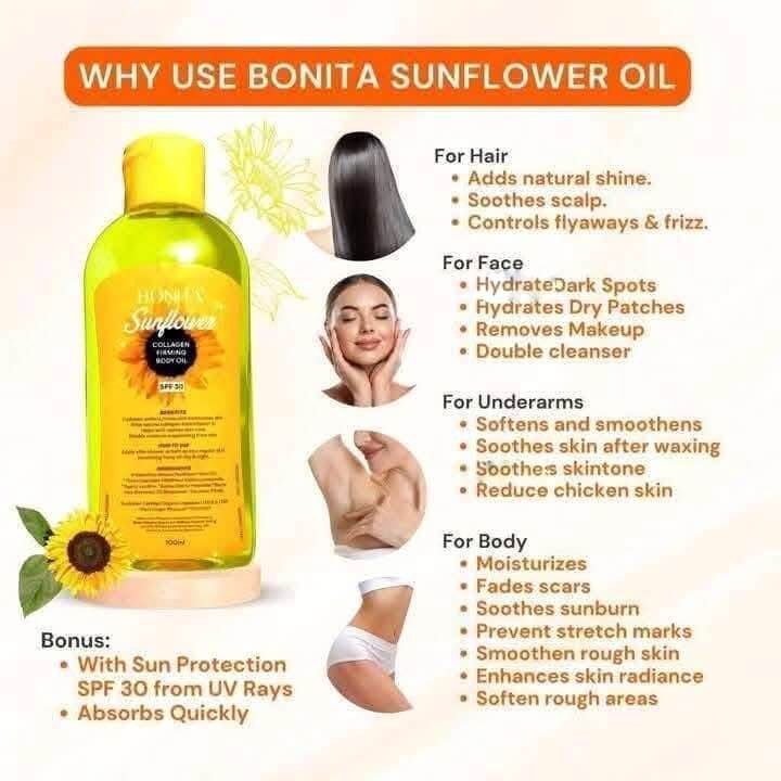 BONITA Sunflower Collagen Firming Body Oil SPF 30 – 100ml, Hydrating and Moisturizing Body Oil with Vitamin A & Squalane for Soft and Smooth Skin