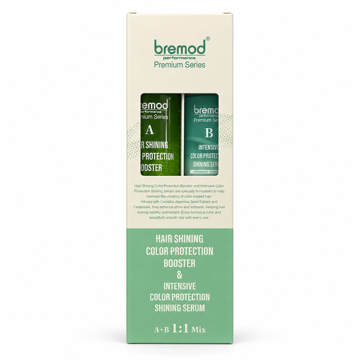 Bremod Color Protection Booster and Serum two-part hair care system designed to maintain color vibrancy and improve hair softness.