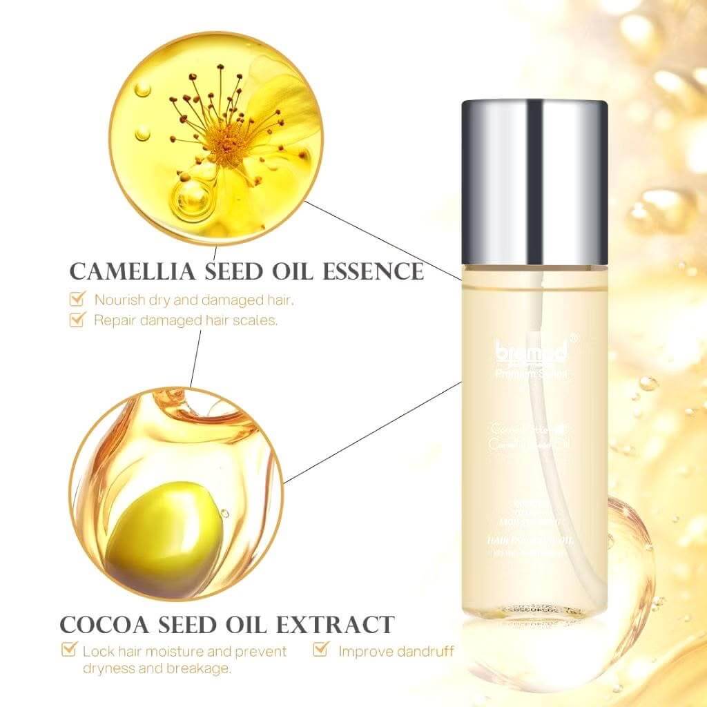Bremod Performance Premium Series Hair Essential Oil – Cocoa Butter & Camellia Seed Oil – Smooth, Glossy & Moisturizing Leave-In Hair Oil for Dry, Frizzy & Damaged Hair – 3.8 fl oz