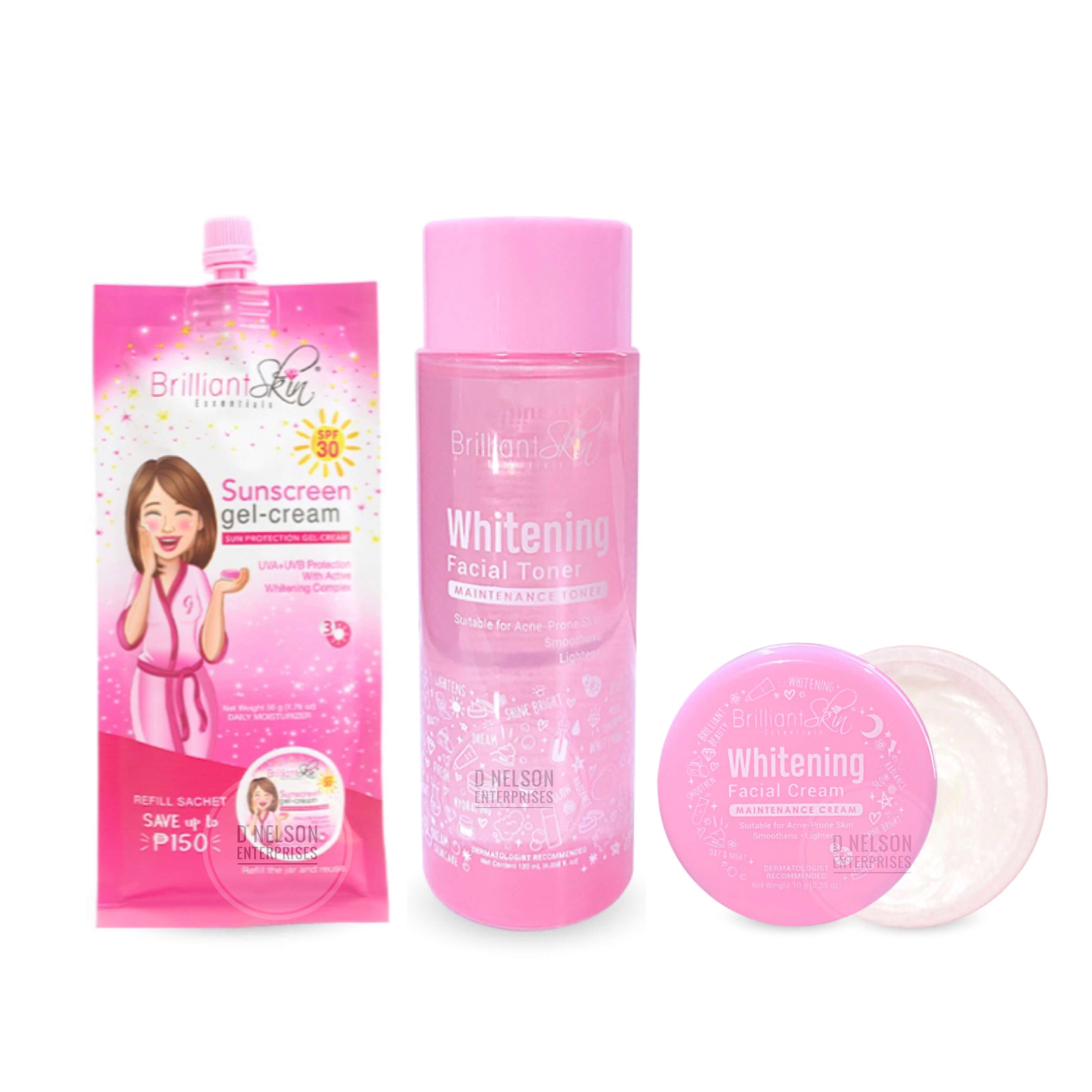 Brilliant Skin Essentials Whitening Toner, Cream & 50g Sunscreen