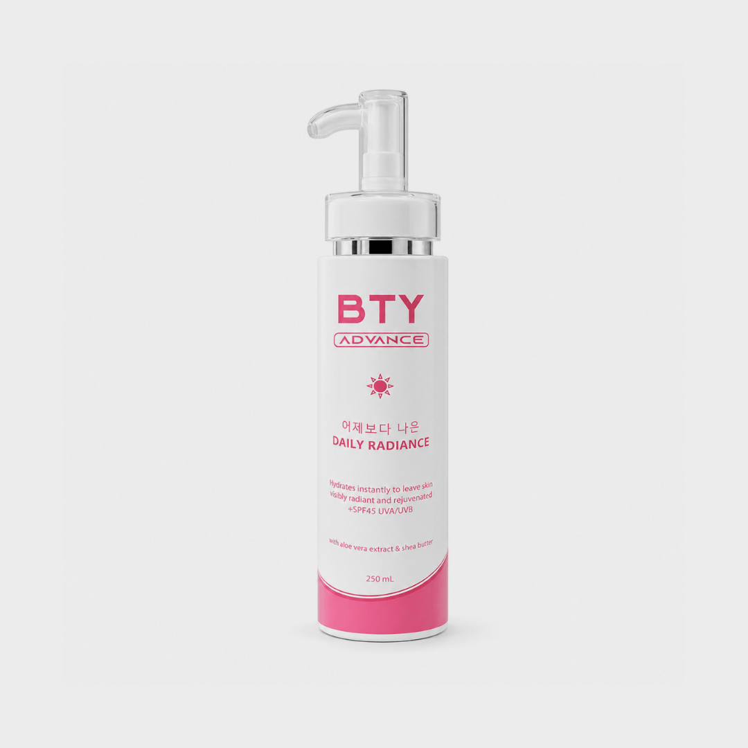 BTY Advance Daily Radiance Body Lotion with SPF 45 250 mL lightweight daily moisturizer with Aloe Vera Extract and Shea Butter.