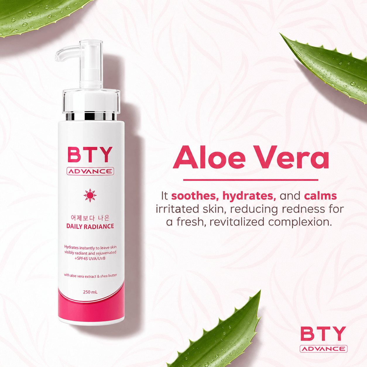 BTY Advance Daily Radiance Body Lotion with SPF 45 250 mL helps keep skin feeling soft, smooth, and refreshed.