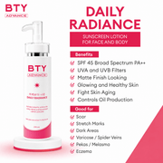 BTY Advance Daily Radiance Body Lotion with SPF 45 250 mL enriched with Aloe Vera Extract and Shea Butter for daily moisture.