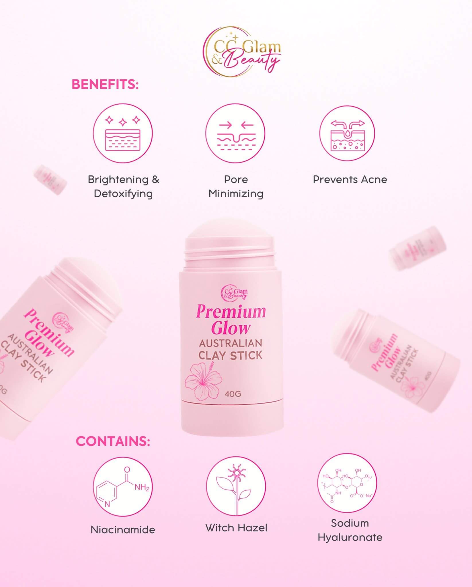 CC GLAM & Beauty Premium Glow Australian Clay Stick - 40g ideal for home self-care sessions


