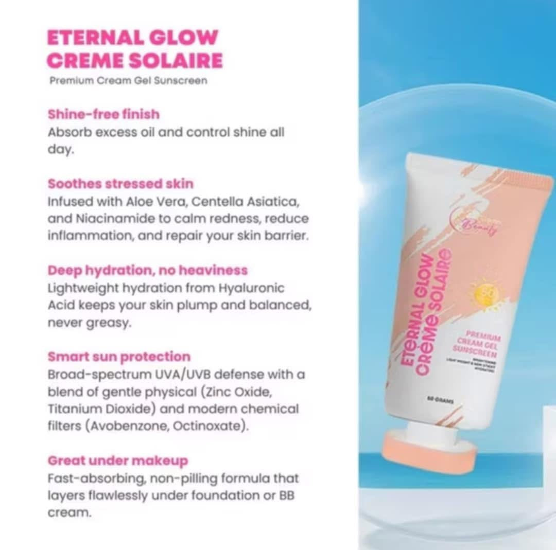 CC GLAM & BEAUTY Eternal Glow Creme Solaire SPF 50 hydrating formula for skin comfort