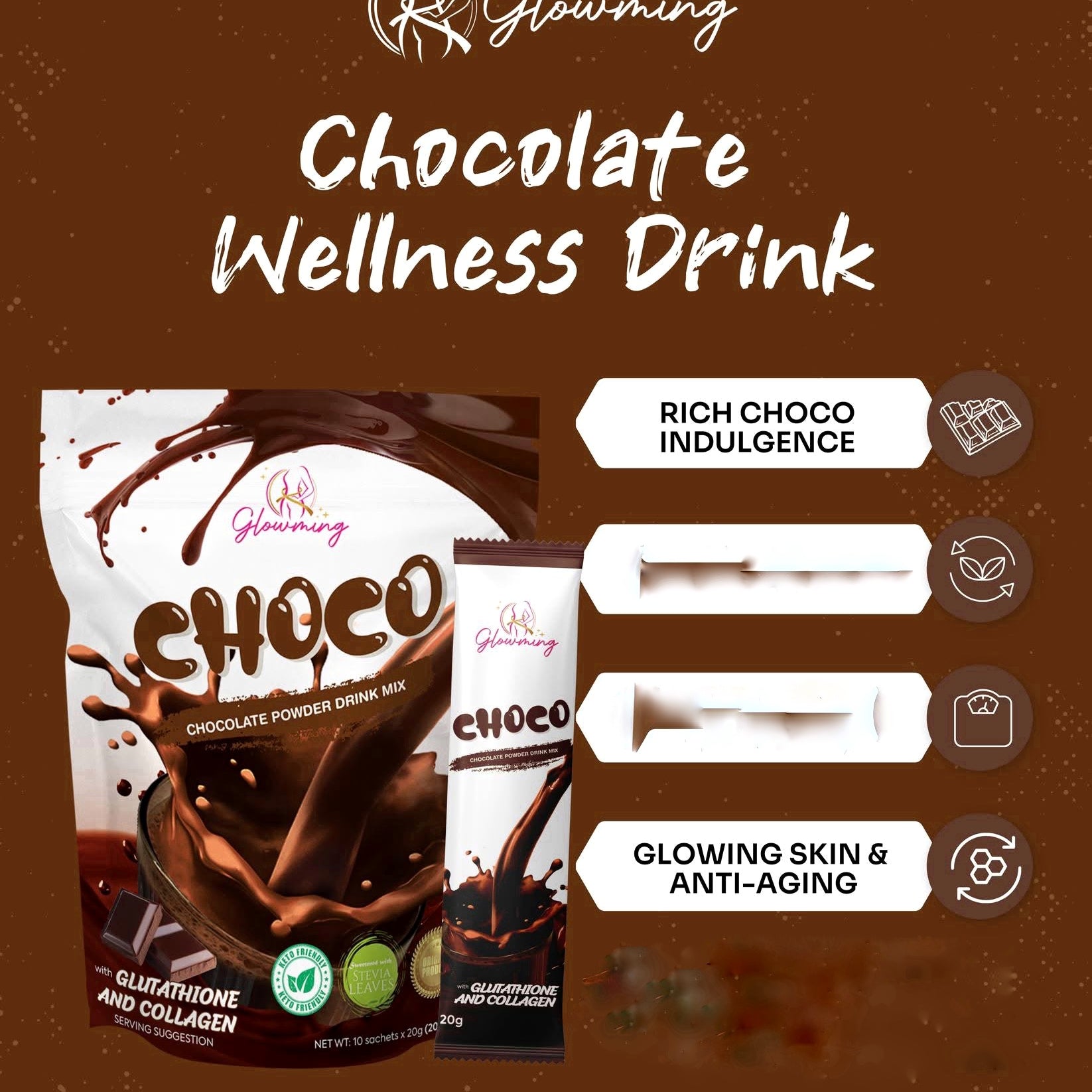 Cris Cosmetics Glowming Choco - Glutathione & Collagen Drink Mix | 20g x 10 Sachets