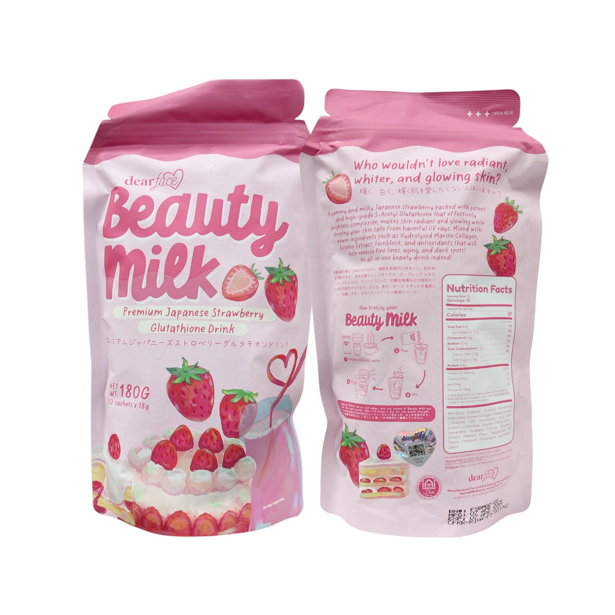 Dear Face Beauty Milk Premium Japanese Strawberry Glutathione Drink,  10 Sachets x 18g