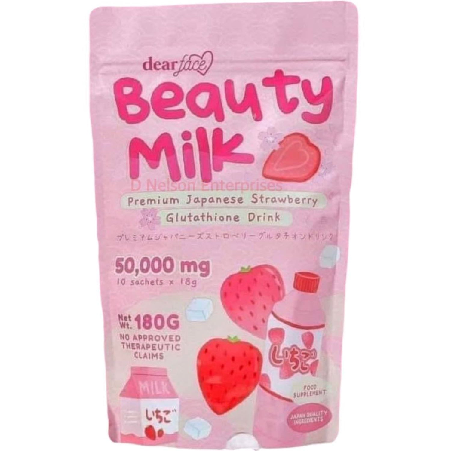 Dear Face Beauty Milk Japanese Collagen STRAWBERRY Drink, 10 Sachets X 18g - 50,000mg Hydrolyzed Collagen