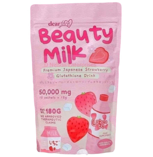 Dear Face Beauty Milk Japanese Collagen STRAWBERRY Drink, 10 Sachets X 18g - 50,000mg Hydrolyzed Collagen