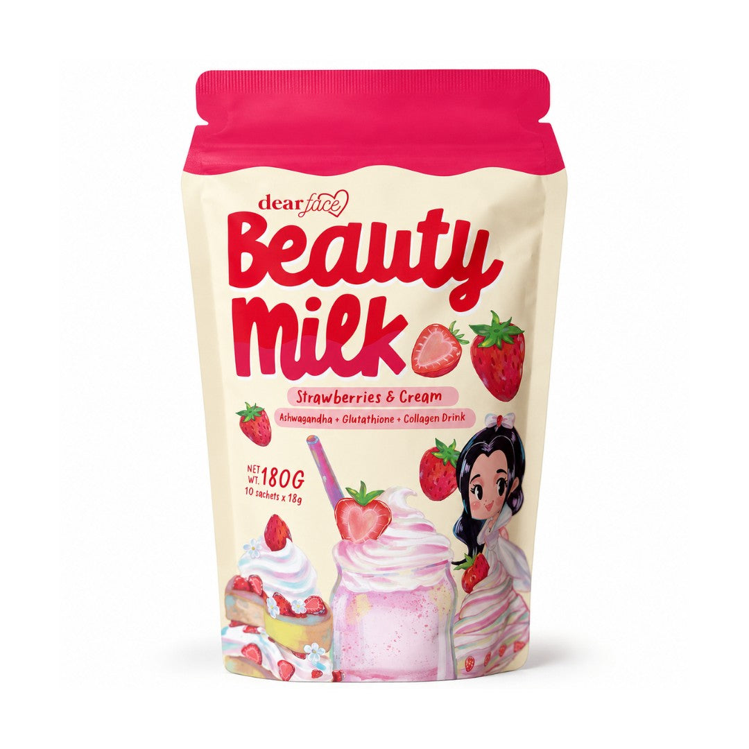 Dear Face Beauty Strawberries and Cream Collagen Drink, 10 sachets x 18g with a smooth dessert-inspired flavor.