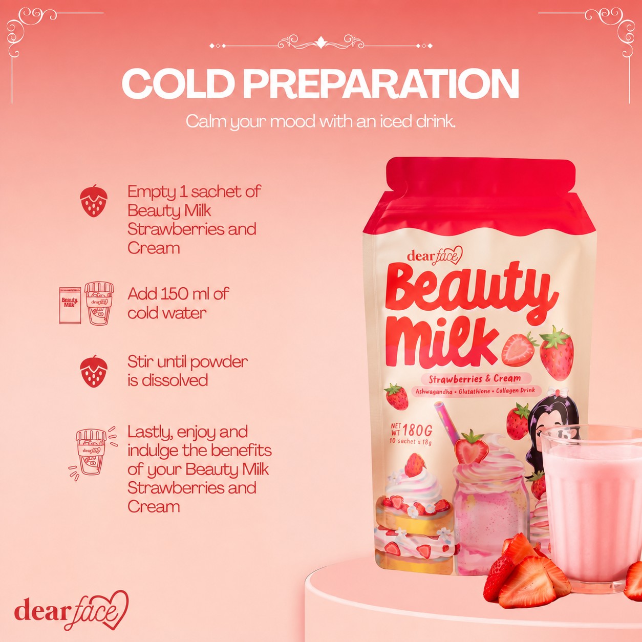 Dear Face Beauty Strawberries and Cream Collagen Drink with complete flavor, quantity, ingredient, and serving information.