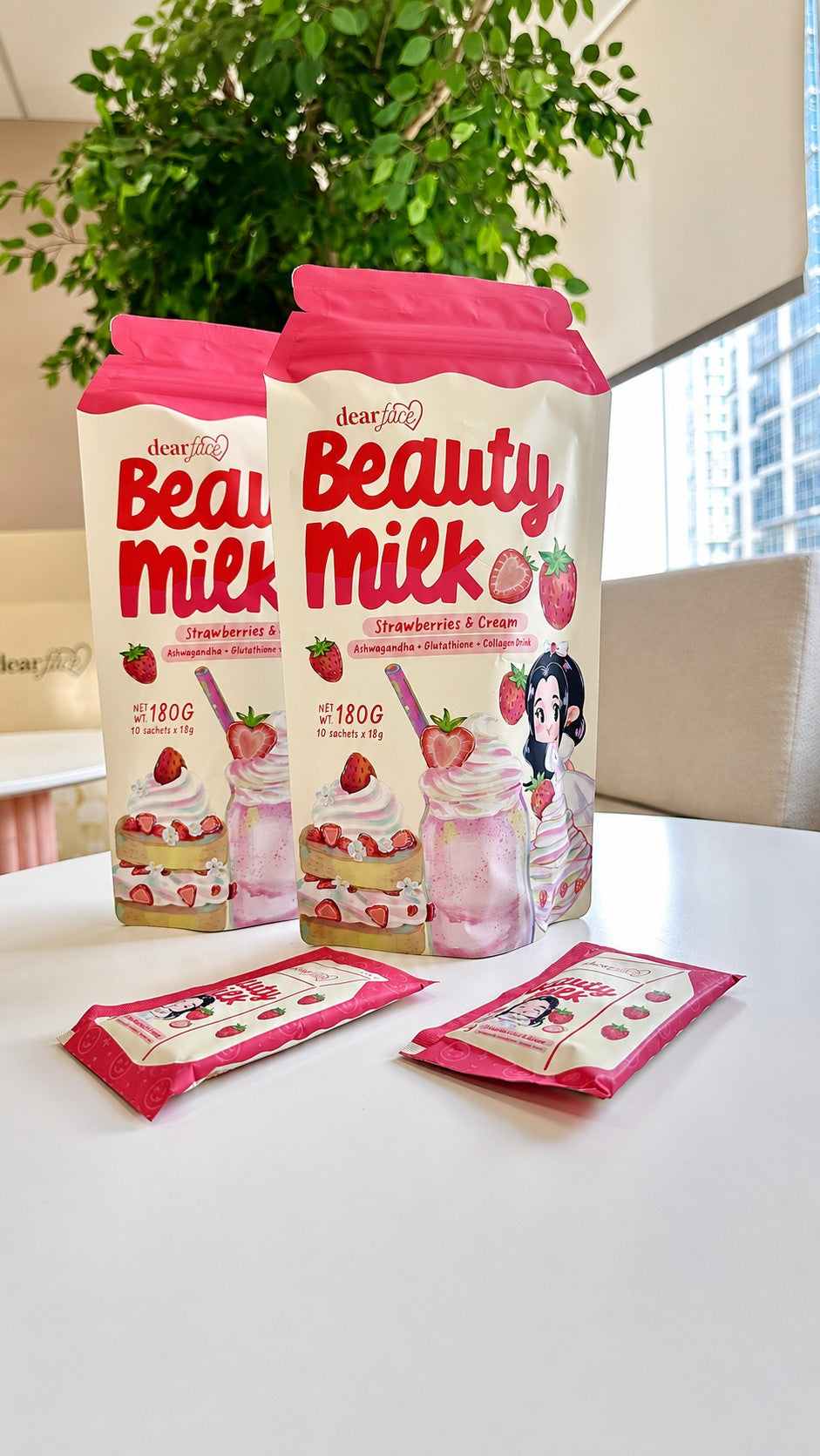 Dear Face Beauty Strawberries and Cream Collagen Drink in convenient portions for an easy everyday beverage routine.