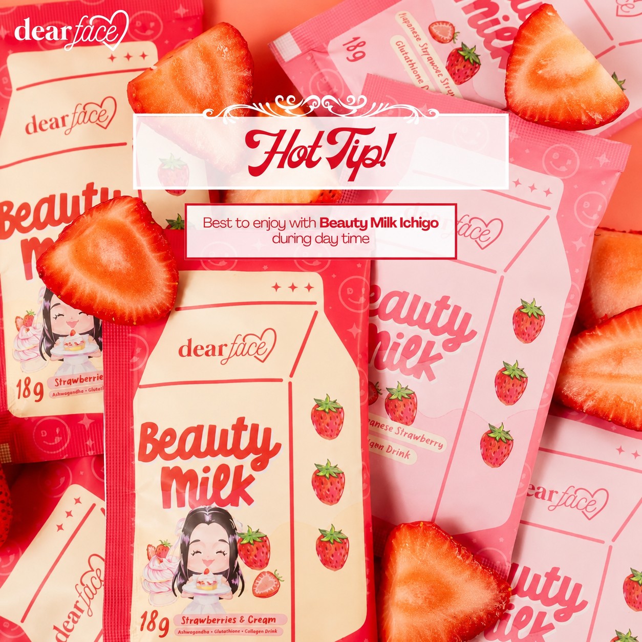 Dear Face Beauty Strawberries and Cream Collagen Drink featuring ashwagandha, glutathione, and collagen.