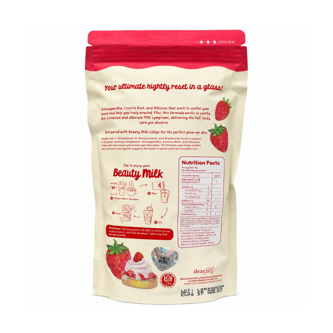 Dear Face Beauty Strawberries and Cream Collagen Drink with nutrition facts, ingredients, serving details, and preparation steps.