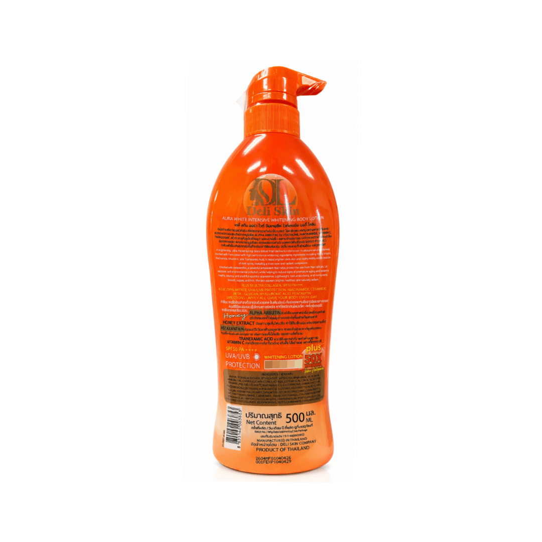 Deli Skin Aura White Body Lotion enriched with honey for daily hydration and skin comfort.