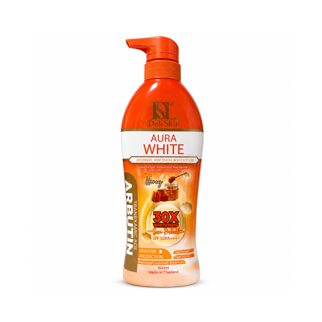Deli Skin Aura White Body Lotion with Honey and Tranexamic Acid, daily moisture care with SPF50 UVA and UVB protection.