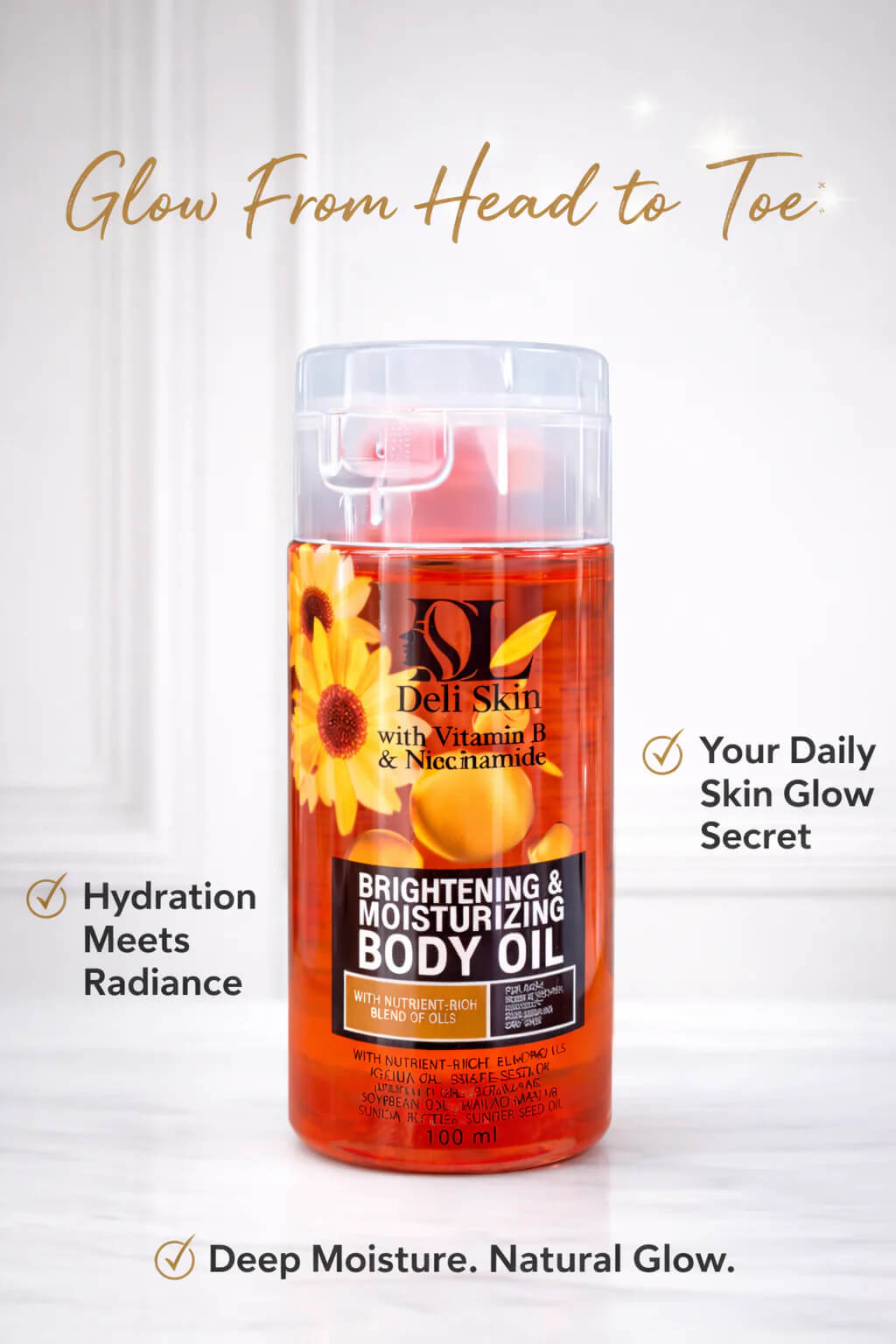 Deli Skin Brightening & Moisturizing Body Oil 100ml non greasy formula for everyday moisture and soft skin
