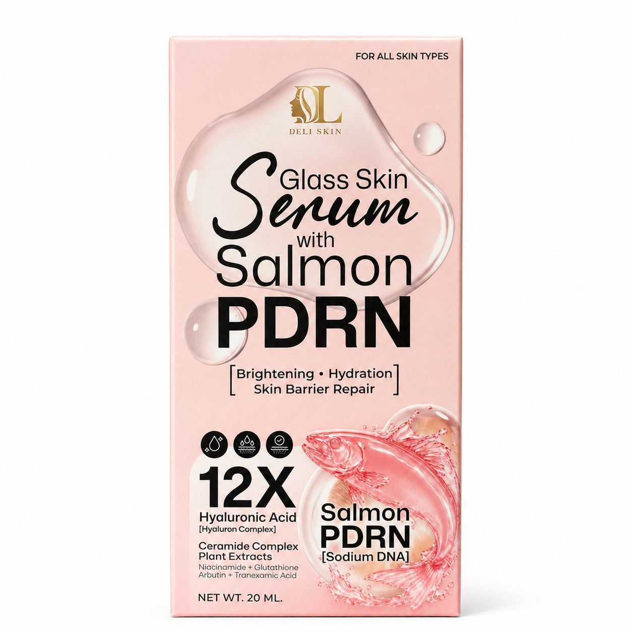 Deli Skin Glass Skin Serum with Salmon PDRN 20ml with multiple forms of hyaluronic acid for layered moisture.