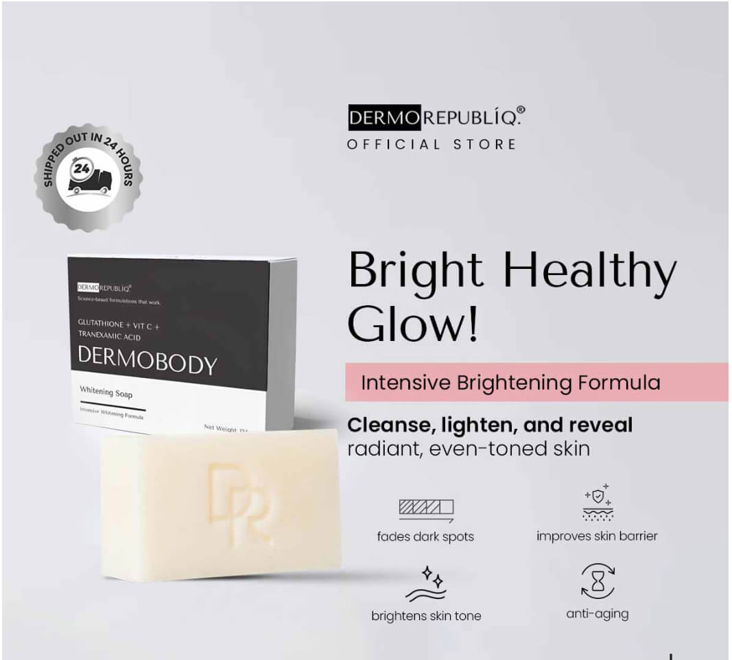DERMO REPUBLIQ Glutathione + Vitamin C + Tranexamic Acid Body Bar Soap for balanced and even skin tone.