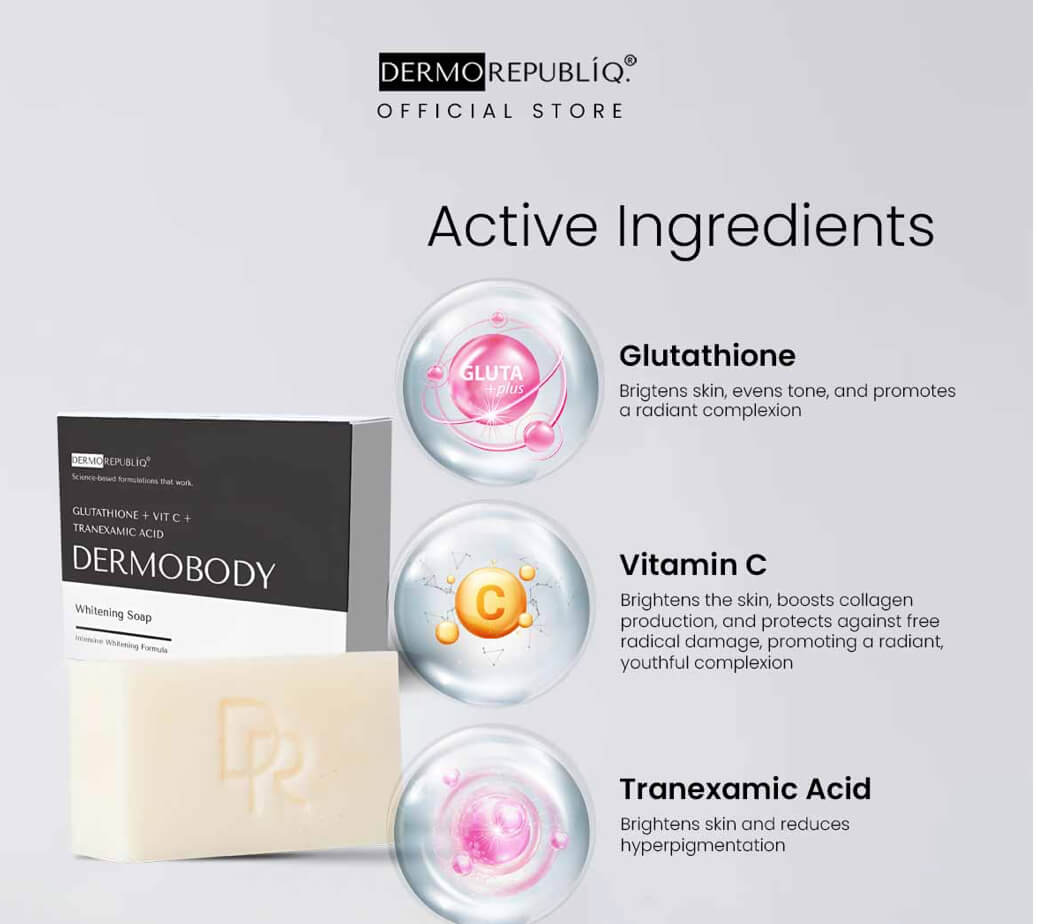 DERMO REPUBLIQ Glutathione + Vitamin C + Tranexamic Acid Body Bar Soap promoting radiant, healthy-looking skin.