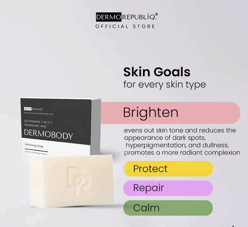 DERMO REPUBLIQ DERMOBODY Glutathione + Vitamin C + Tranexamic Acid Body Bar Soap 135g Clarifying & Tone-Balancing Formula for Smooth, ... DERMO REPUBLIQ DERMOBODY Glutathione + Vitamin C + Tranexamic Acid Body Bar Soap 135g Clarifying & Tone-Balancing Formula for Smooth, ...