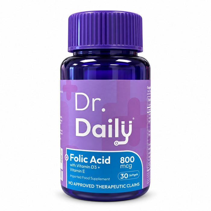 Dr. Daily Folic Acid 800mcg with Vitamin D3 and Vitamin E 30 softgels for everyday nutrition