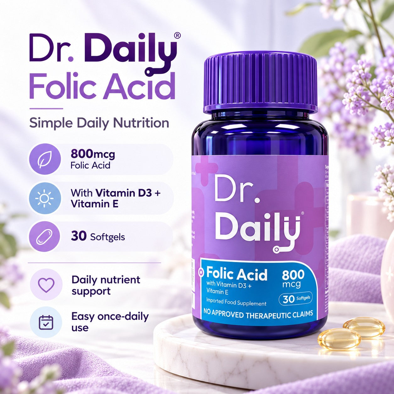 Dr. Daily Folic Acid 800mcg daily nutrition formula in a convenient 30-softgel format