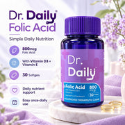 Dr. Daily Folic Acid 800mcg daily nutrition formula in a convenient 30-softgel format